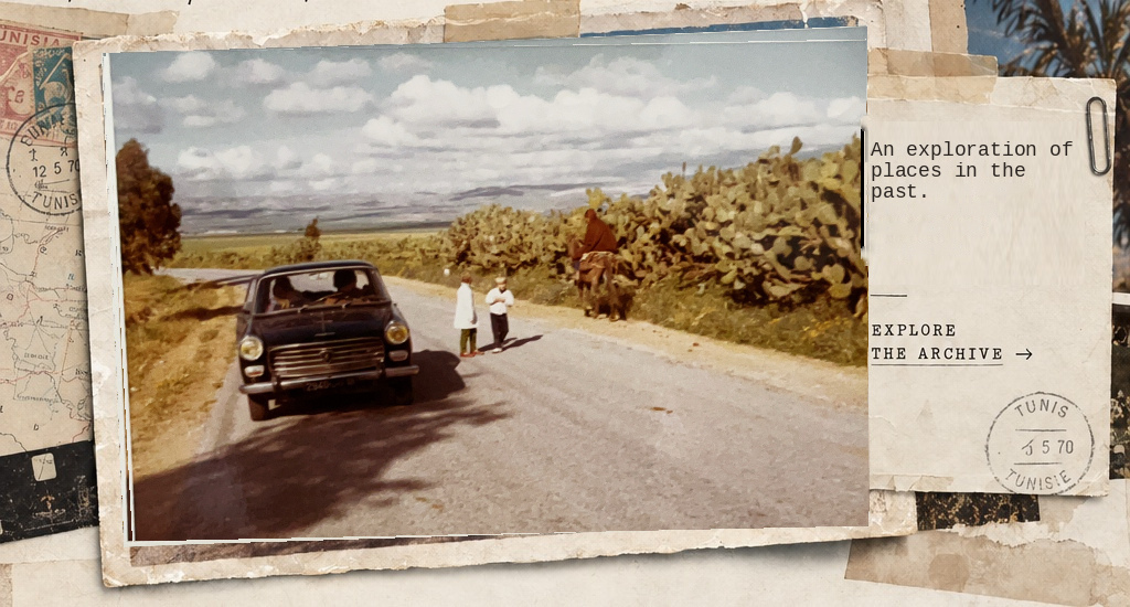 Vintage collage with an original Tunisia road photograph and archive note.
